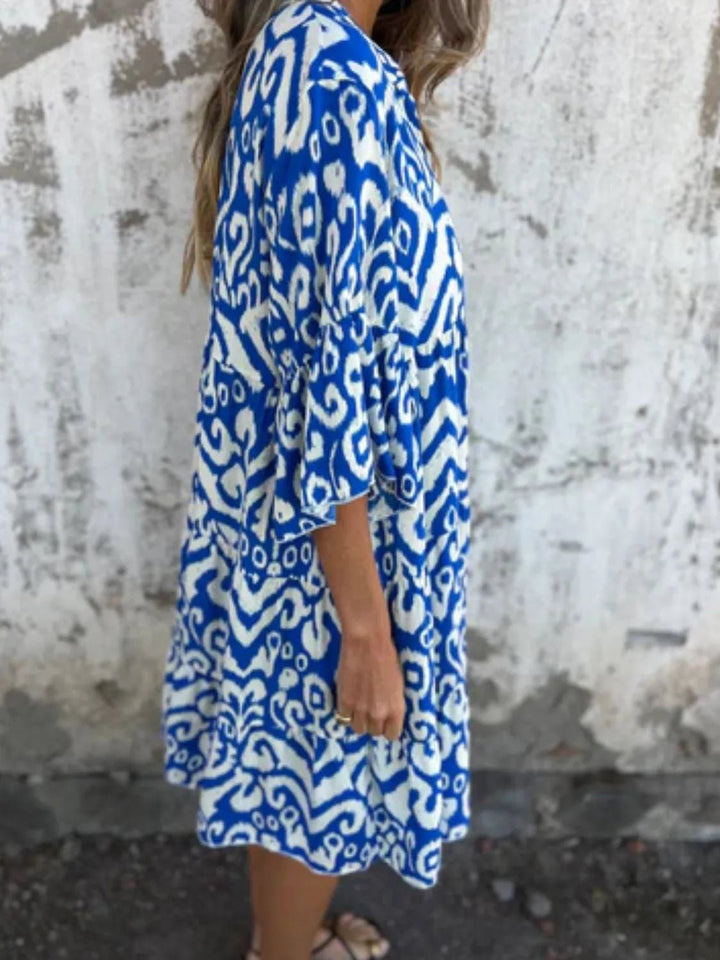 Full Size Printed Notched Half Sleeve Dress Plus Size - VeauBeauty