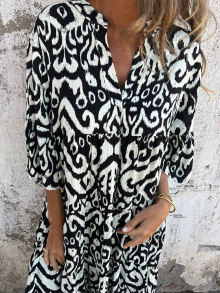 Full Size Printed Notched Half Sleeve Dress Plus Size - VeauBeauty