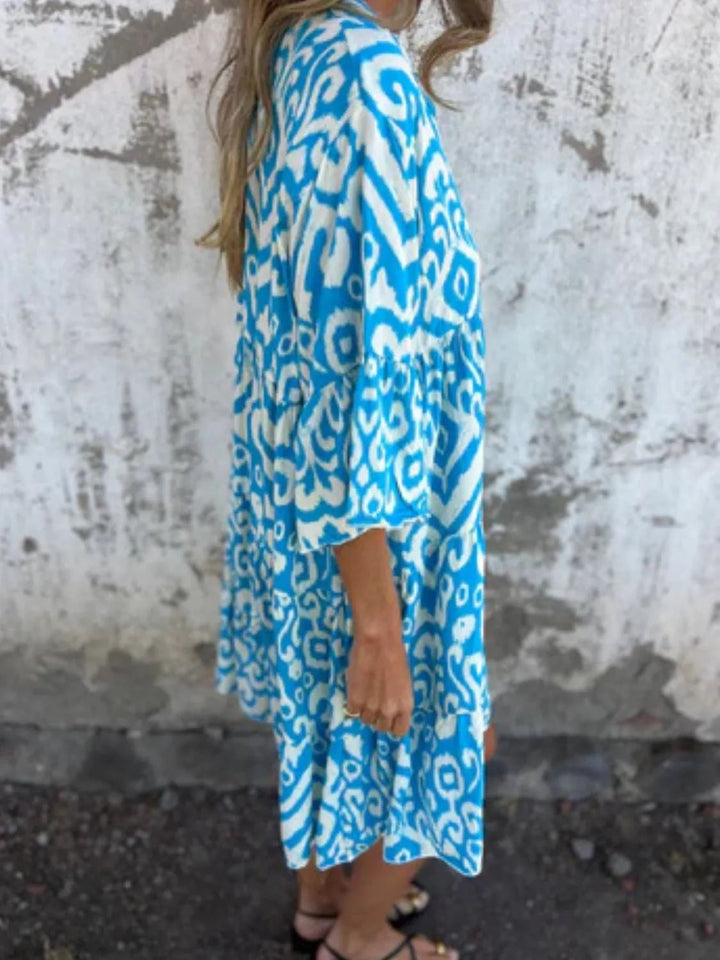 Full Size Printed Notched Half Sleeve Dress Plus Size - VeauBeauty