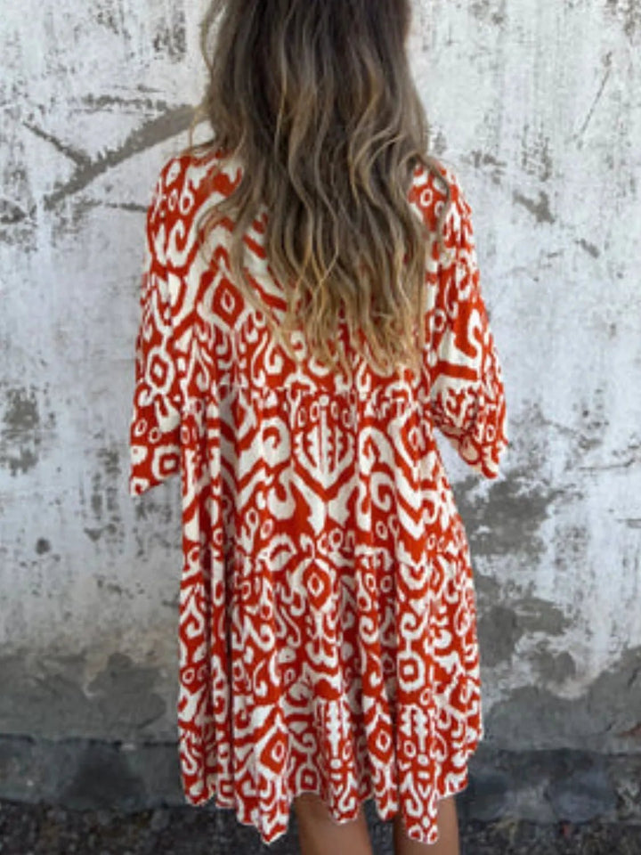 Full Size Printed Notched Half Sleeve Dress Plus Size - VeauBeauty
