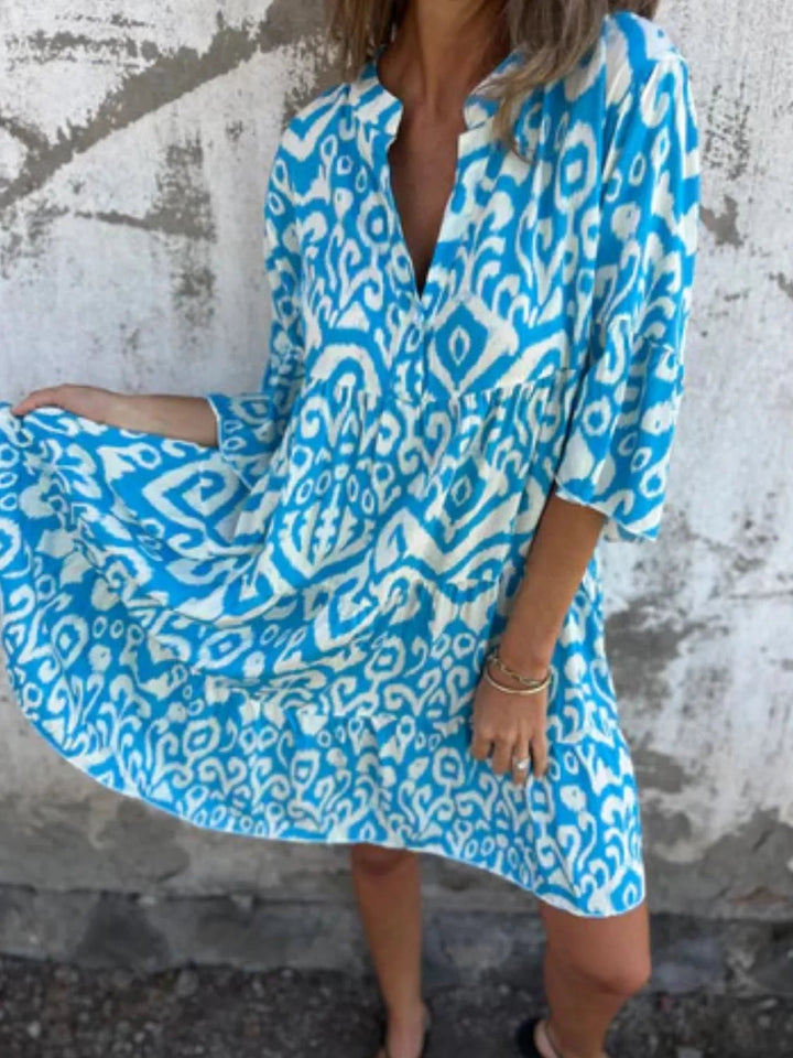 Full Size Printed Notched Half Sleeve Dress Plus Size - VeauBeauty
