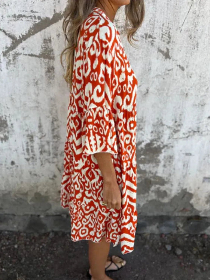 Full Size Printed Notched Half Sleeve Dress Plus Size - VeauBeauty