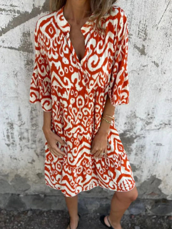 Full Size Printed Notched Half Sleeve Dress Plus Size - VeauBeauty