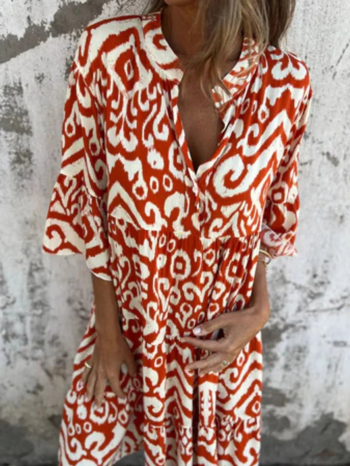 Full Size Printed Notched Half Sleeve Dress Plus Size - VeauBeauty