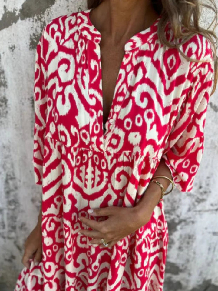 Full Size Printed Notched Half Sleeve Dress Plus Size - VeauBeauty
