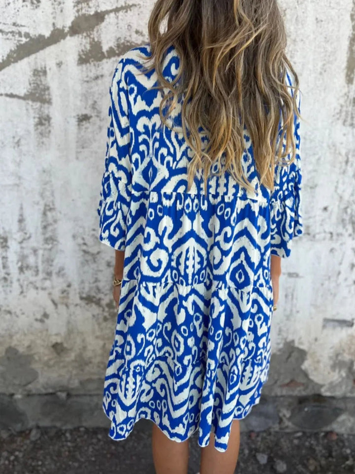 Full Size Printed Notched Half Sleeve Dress Plus Size - VeauBeauty