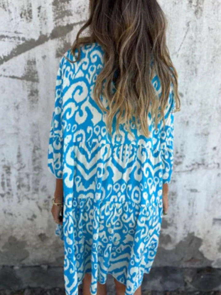 Full Size Printed Notched Half Sleeve Dress Plus Size - VeauBeauty