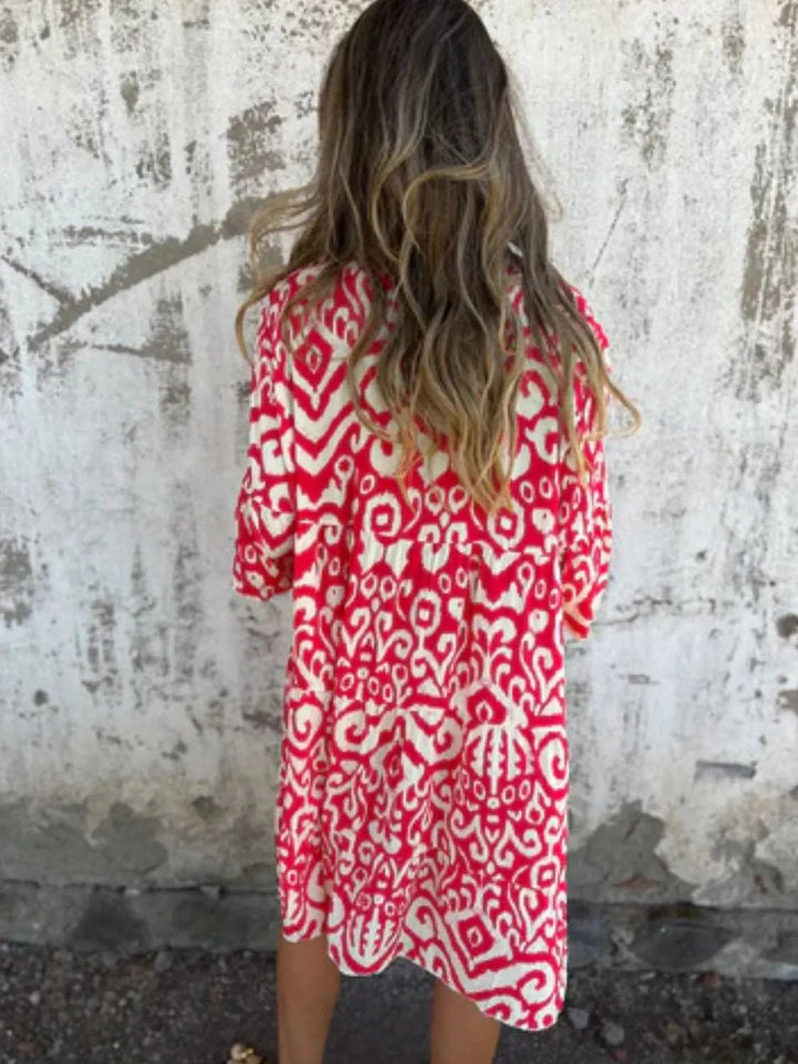 Full Size Printed Notched Half Sleeve Dress Plus Size - VeauBeauty