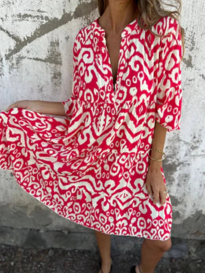 Full Size Printed Notched Half Sleeve Dress Plus Size - VeauBeauty