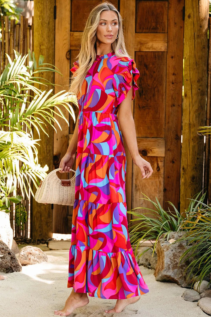 Full Size Printed Ruffled Mock Neck Tiered Dress - VeauBeauty