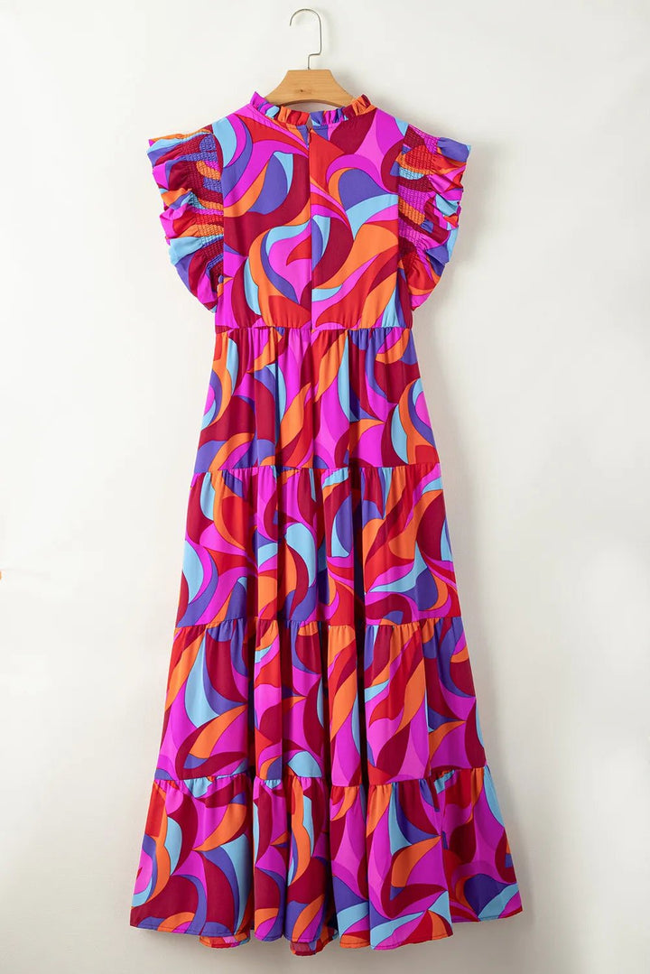 Full Size Printed Ruffled Mock Neck Tiered Dress - VeauBeauty