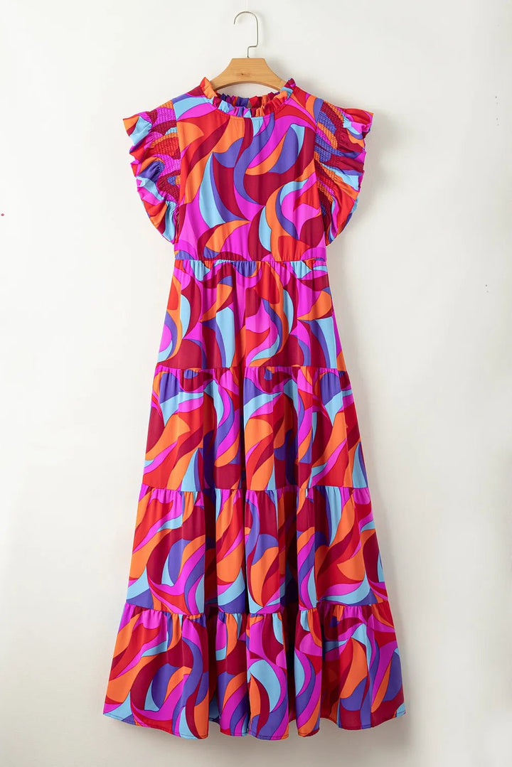 Full Size Printed Ruffled Mock Neck Tiered Dress - VeauBeauty