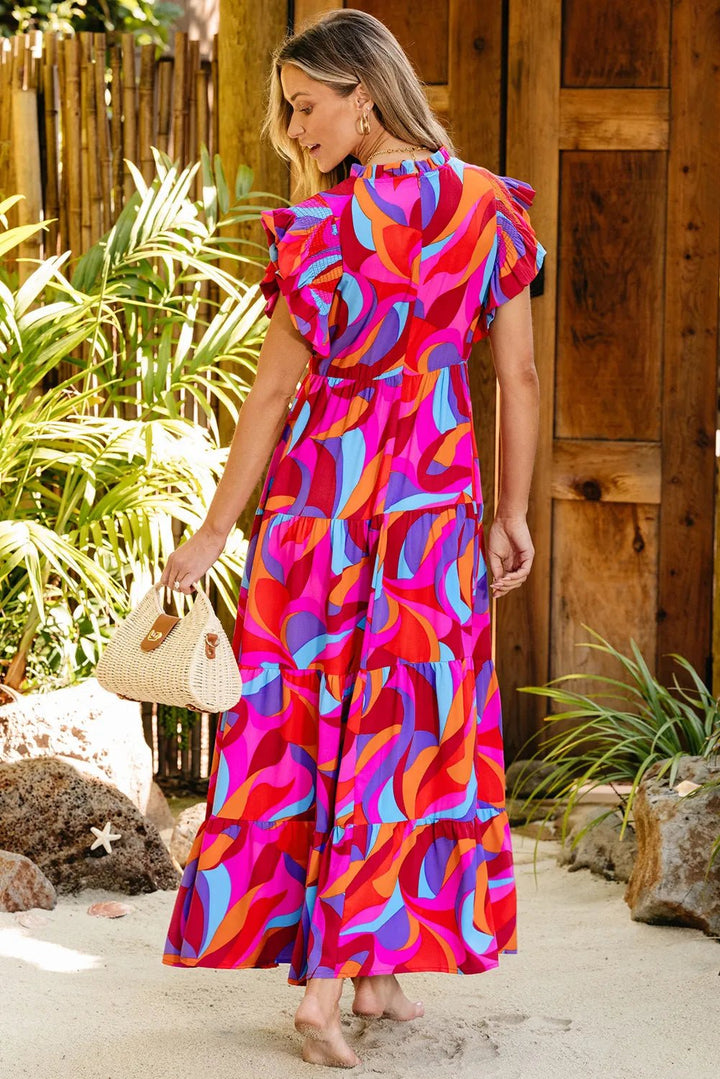 Full Size Printed Ruffled Mock Neck Tiered Dress - VeauBeauty