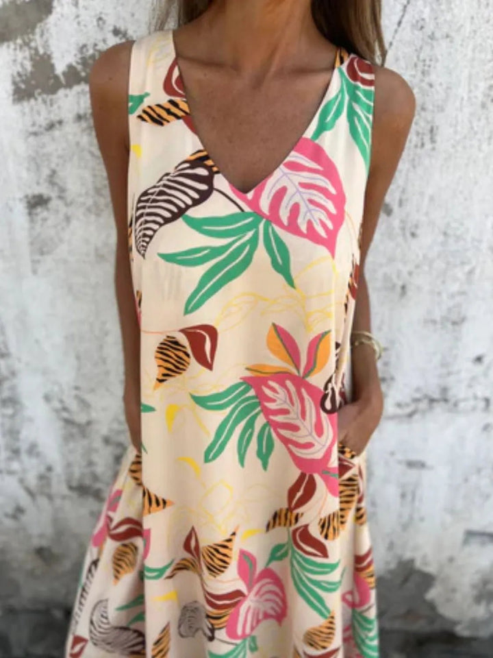 Full Size Printed V - Neck Sleeveless Dress Plus Size - VeauBeauty