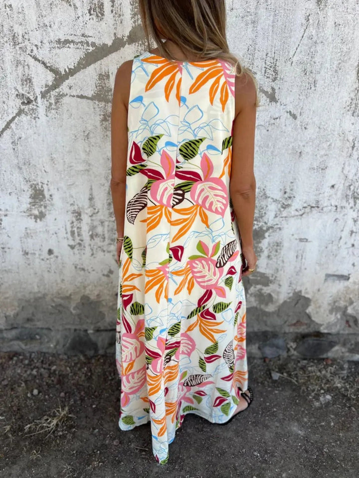 Full Size Printed V - Neck Sleeveless Dress Plus Size - VeauBeauty