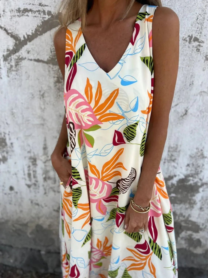 Full Size Printed V - Neck Sleeveless Dress Plus Size - VeauBeauty