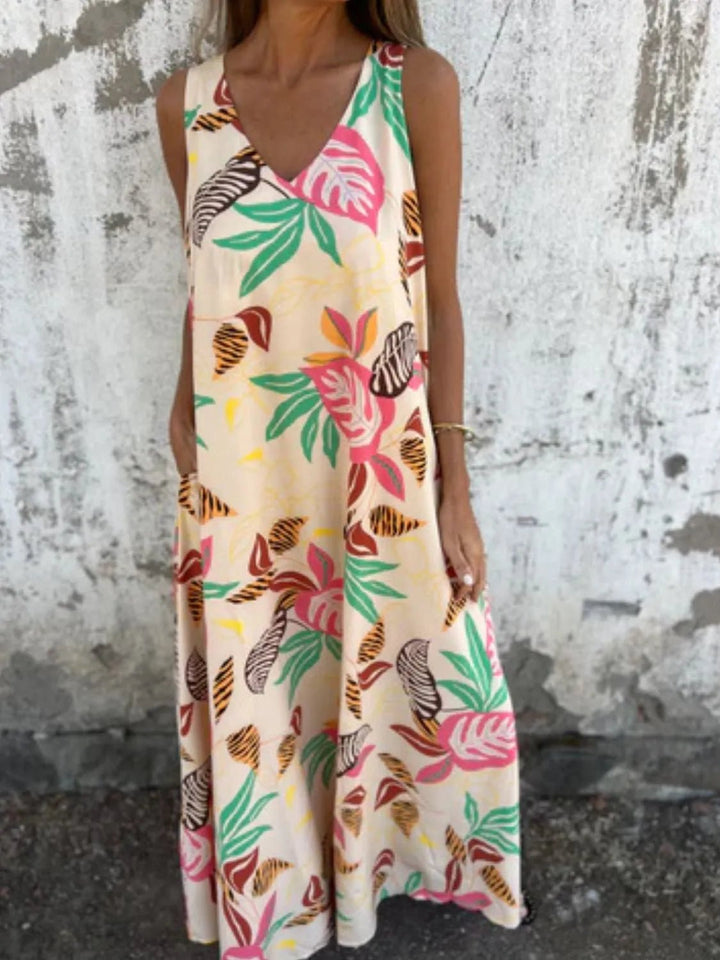 Full Size Printed V - Neck Sleeveless Dress Plus Size - VeauBeauty