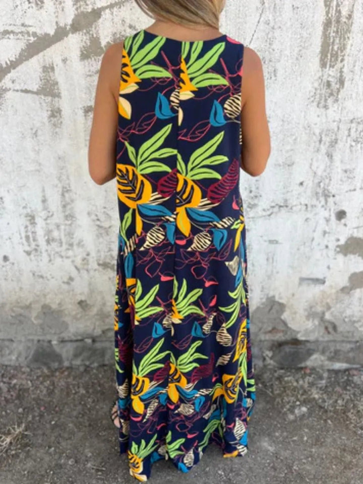 Full Size Printed V - Neck Sleeveless Dress Plus Size - VeauBeauty