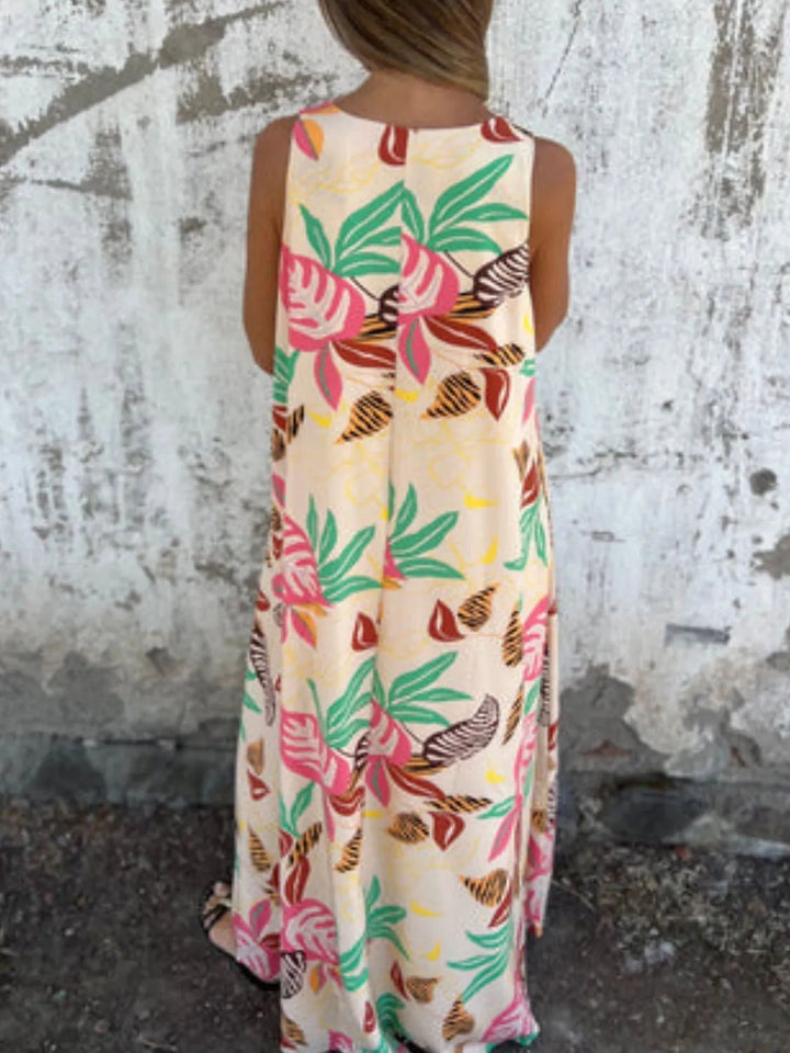 Full Size Printed V - Neck Sleeveless Dress Plus Size - VeauBeauty