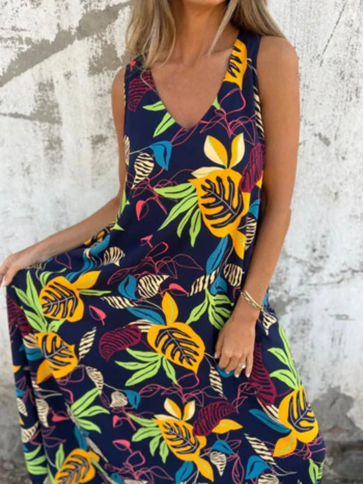 Full Size Printed V - Neck Sleeveless Dress Plus Size - VeauBeauty
