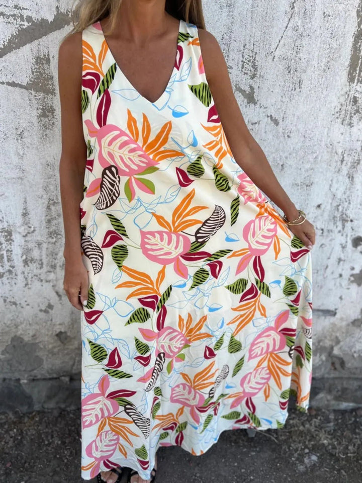 Full Size Printed V - Neck Sleeveless Dress Plus Size - VeauBeauty