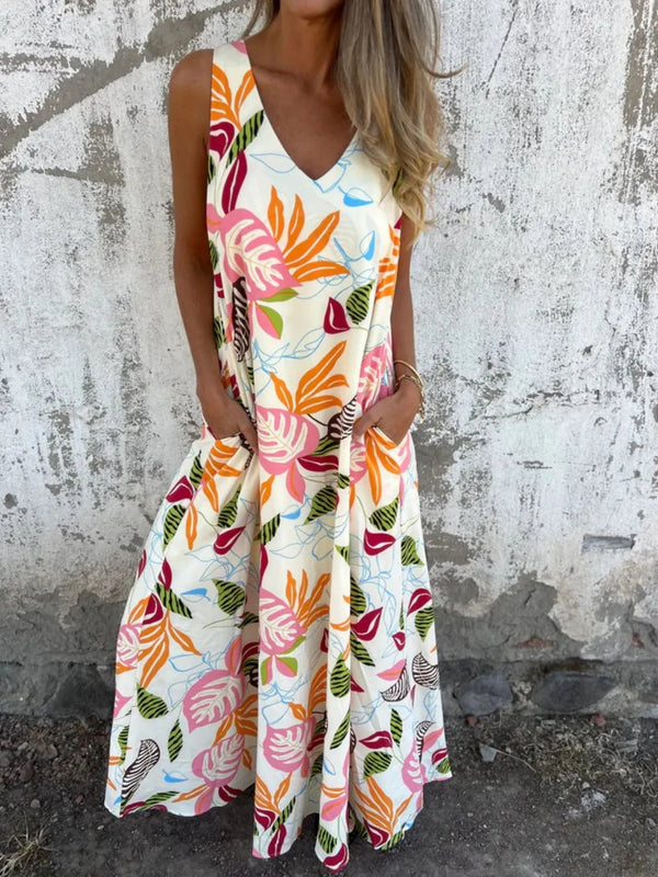 Full Size Printed V - Neck Sleeveless Dress Plus Size - VeauBeauty