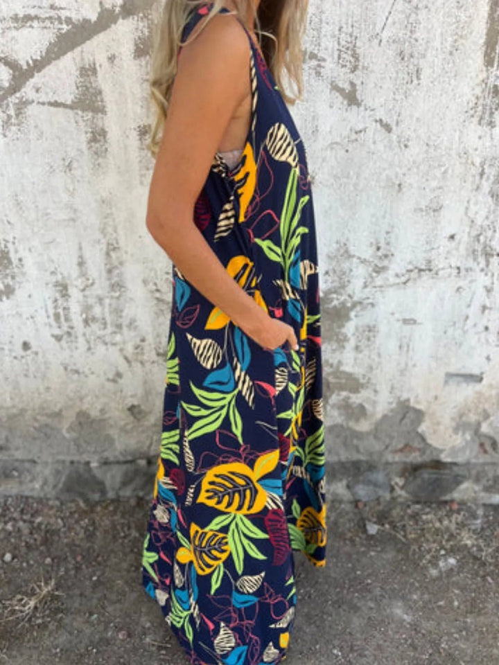 Full Size Printed V - Neck Sleeveless Dress Plus Size - VeauBeauty