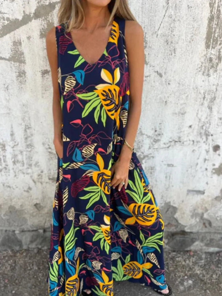 Full Size Printed V - Neck Sleeveless Dress Plus Size - VeauBeauty