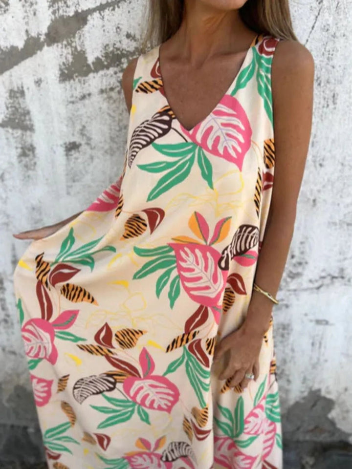 Full Size Printed V - Neck Sleeveless Dress Plus Size - VeauBeauty