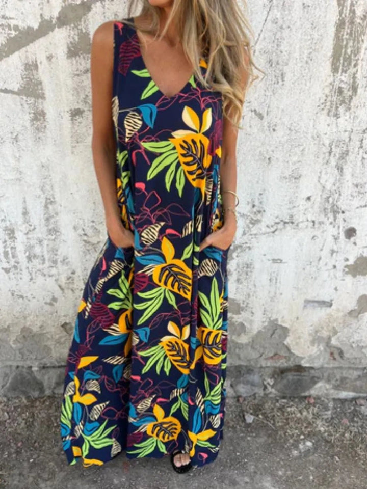 Full Size Printed V - Neck Sleeveless Dress Plus Size - VeauBeauty