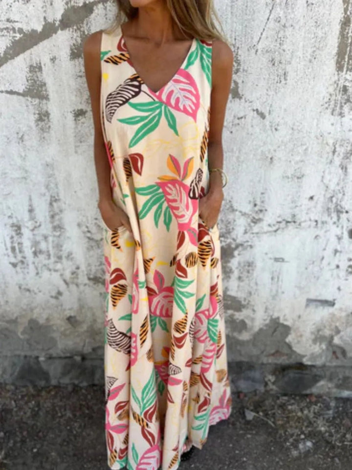 Full Size Printed V - Neck Sleeveless Dress Plus Size - VeauBeauty