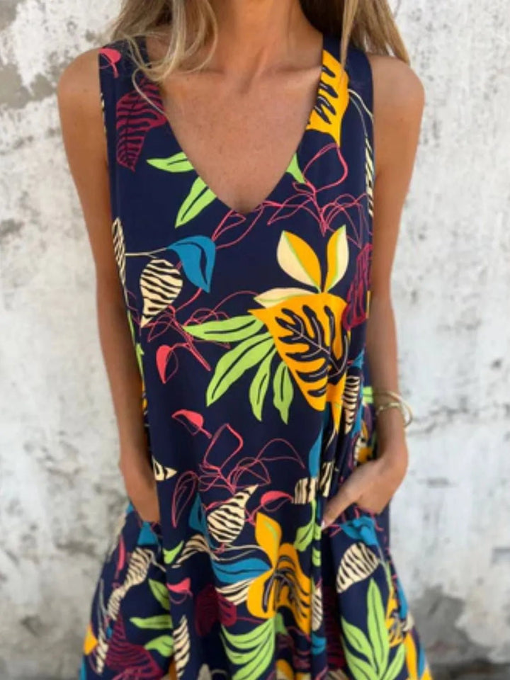 Full Size Printed V - Neck Sleeveless Dress Plus Size - VeauBeauty