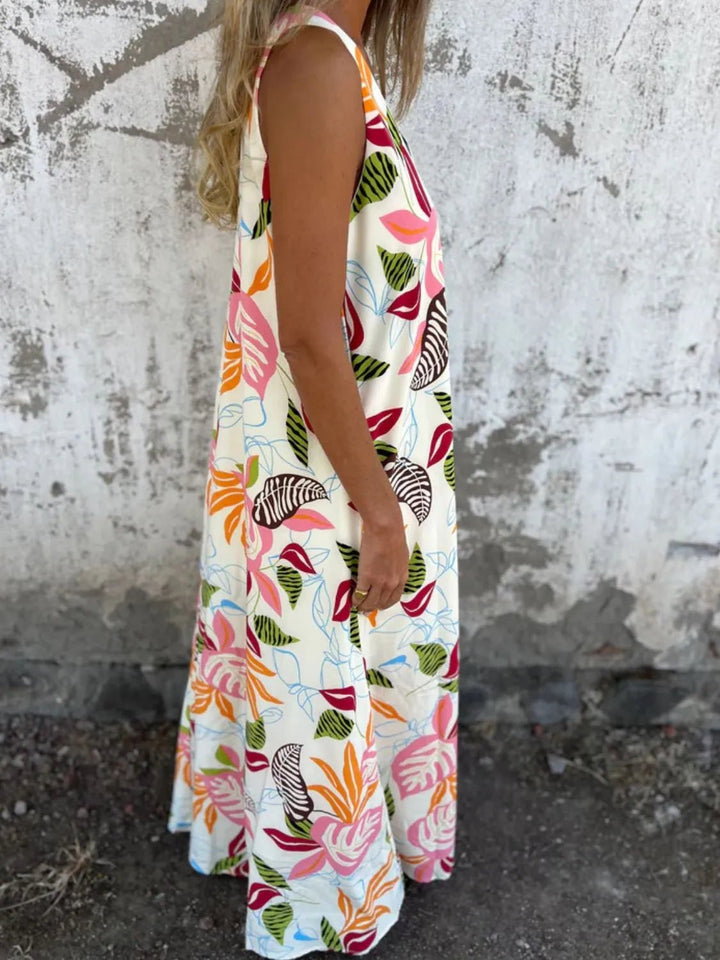Full Size Printed V - Neck Sleeveless Dress Plus Size - VeauBeauty