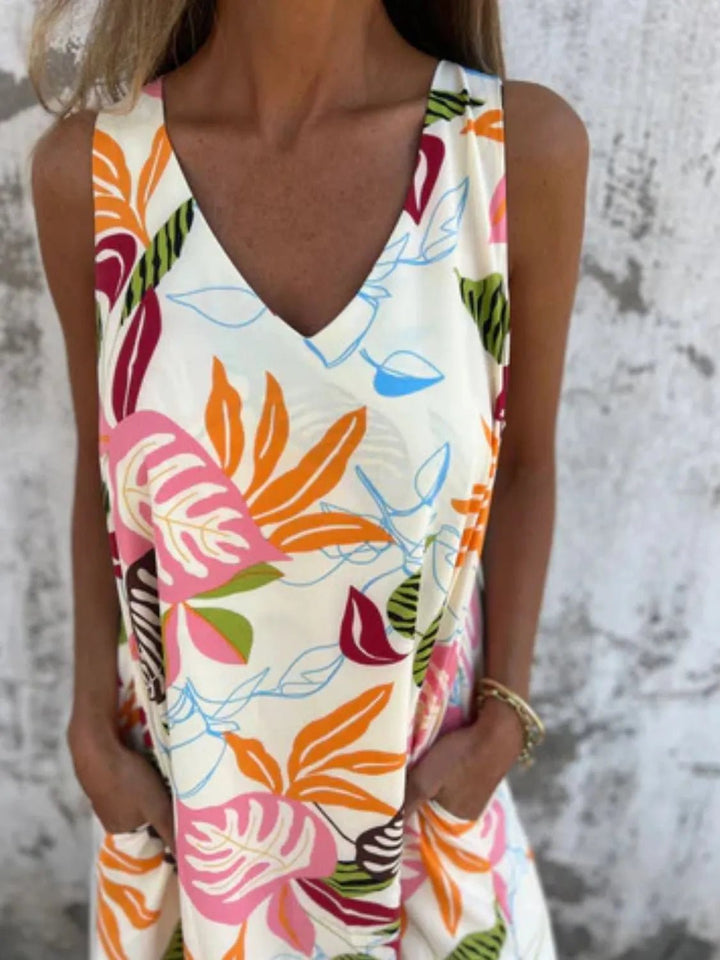 Full Size Printed V - Neck Sleeveless Dress Plus Size - VeauBeauty