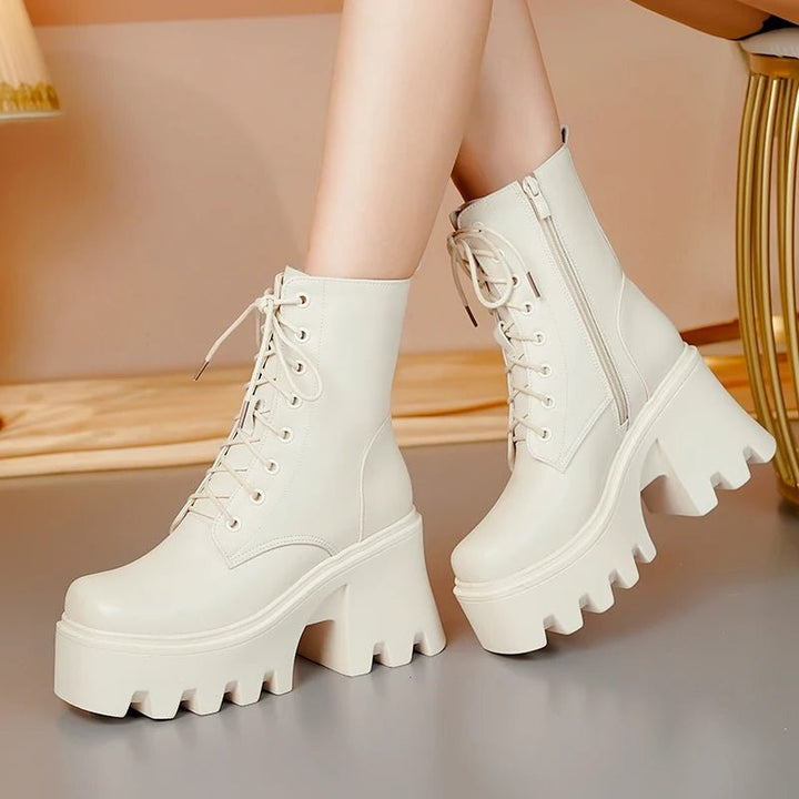 Genuine Leather High Heel Ankle Boots – Wool Lined Winter Biker Boots for Women - VeauBeauty
