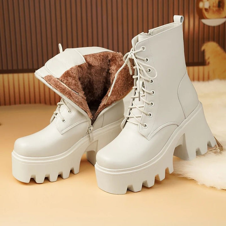 Genuine Leather High Heel Ankle Boots – Wool Lined Winter Biker Boots for Women - VeauBeauty