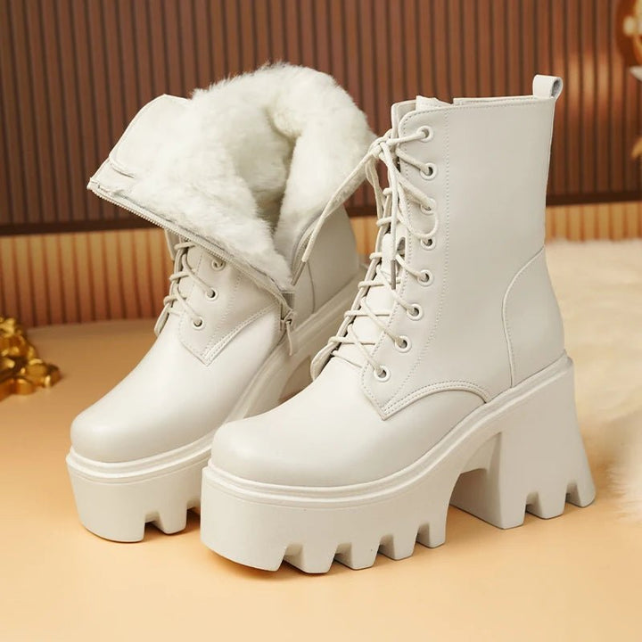 Genuine Leather High Heel Ankle Boots – Wool Lined Winter Biker Boots for Women - VeauBeauty