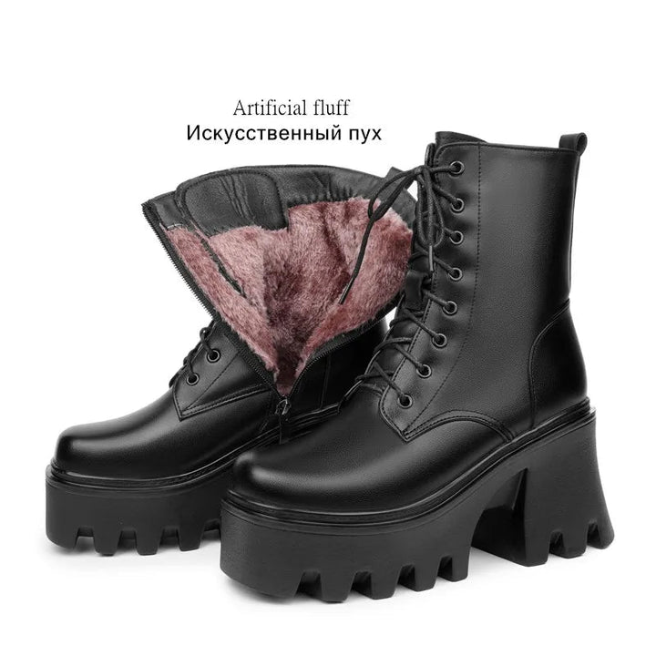 Genuine Leather High Heel Ankle Boots – Wool Lined Winter Biker Boots for Women - VeauBeauty