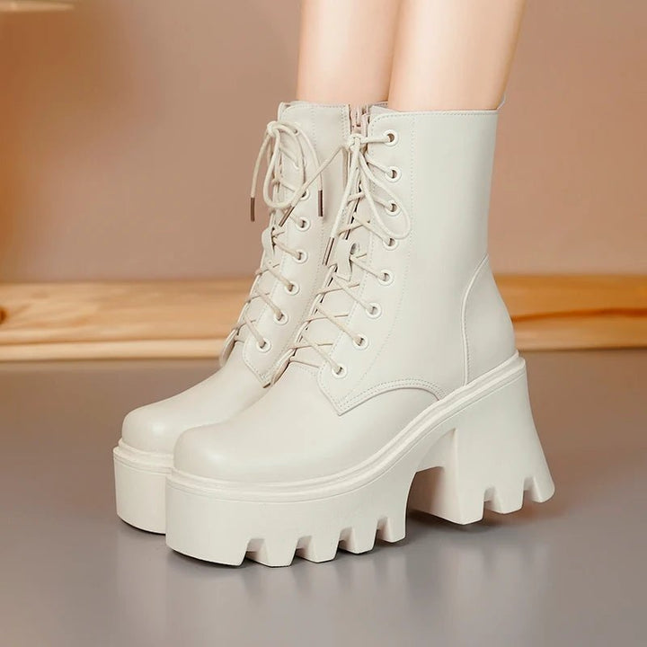 Genuine Leather High Heel Ankle Boots – Wool Lined Winter Biker Boots for Women - VeauBeauty