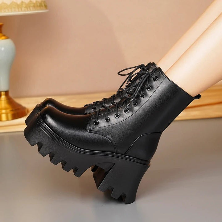Genuine Leather High Heel Ankle Boots – Wool Lined Winter Biker Boots for Women - VeauBeauty