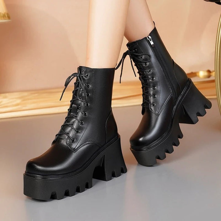Genuine Leather High Heel Ankle Boots – Wool Lined Winter Biker Boots for Women - VeauBeauty