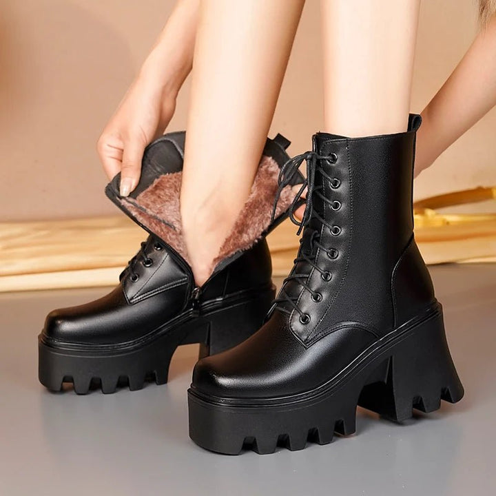 Genuine Leather High Heel Ankle Boots – Wool Lined Winter Biker Boots for Women - VeauBeauty