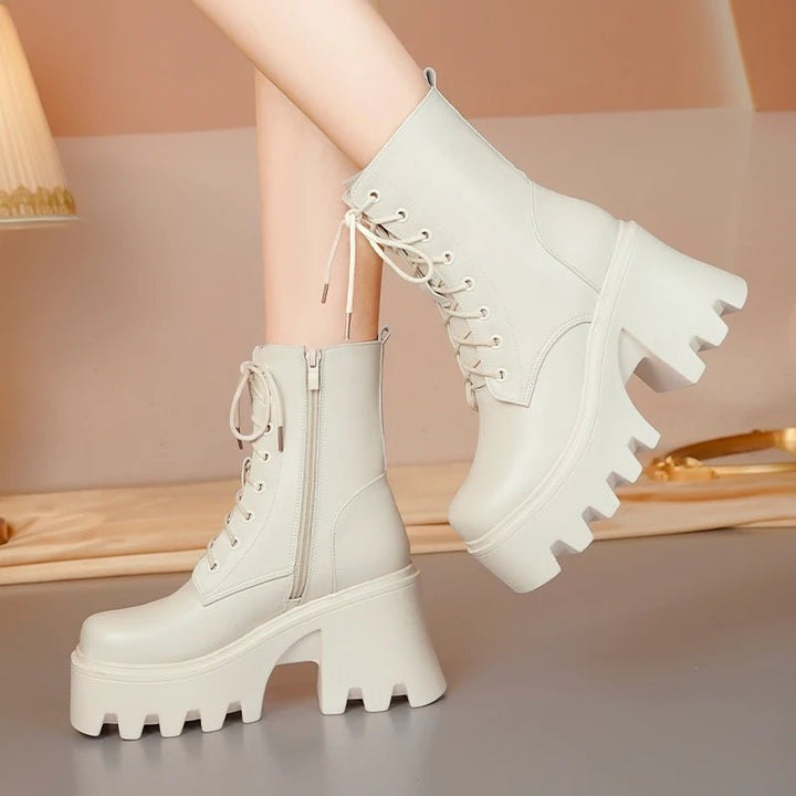 Genuine Leather High Heel Ankle Boots – Wool Lined Winter Biker Boots for Women - VeauBeauty