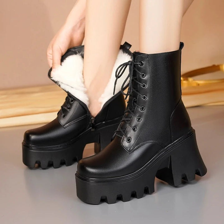 Genuine Leather High Heel Ankle Boots – Wool Lined Winter Biker Boots for Women - VeauBeauty