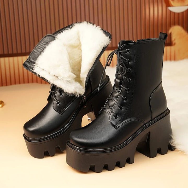 Genuine Leather High Heel Ankle Boots – Wool Lined Winter Biker Boots for Women - VeauBeauty