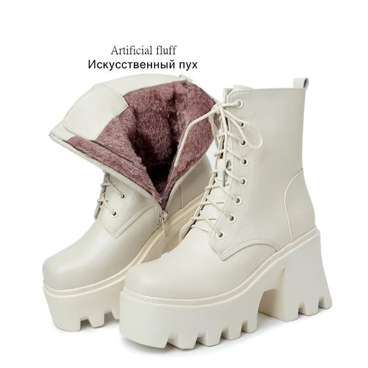 Genuine Leather High Heel Ankle Boots – Wool Lined Winter Biker Boots for Women - VeauBeauty