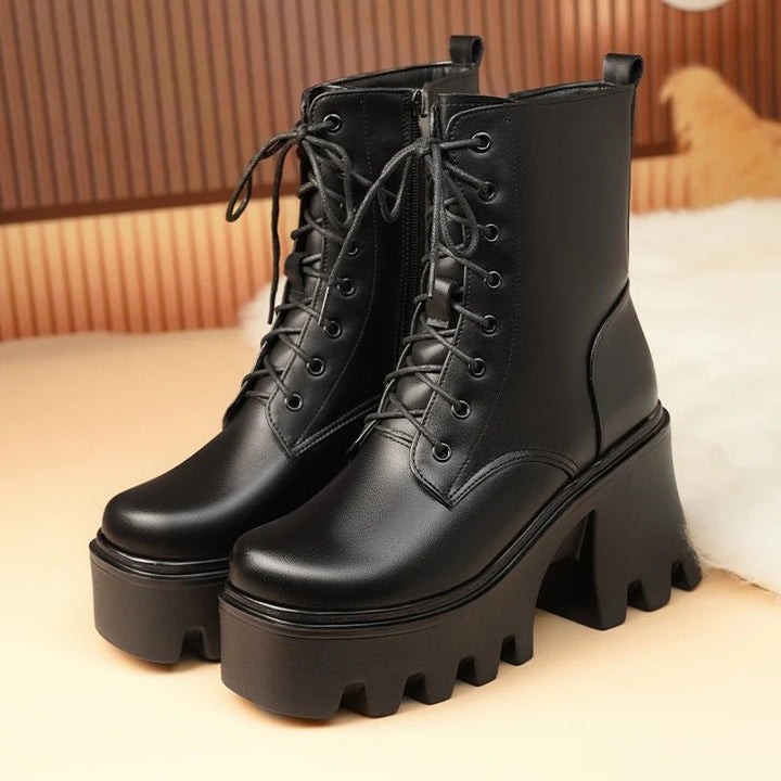 Genuine Leather High Heel Ankle Boots – Wool Lined Winter Biker Boots for Women - VeauBeauty