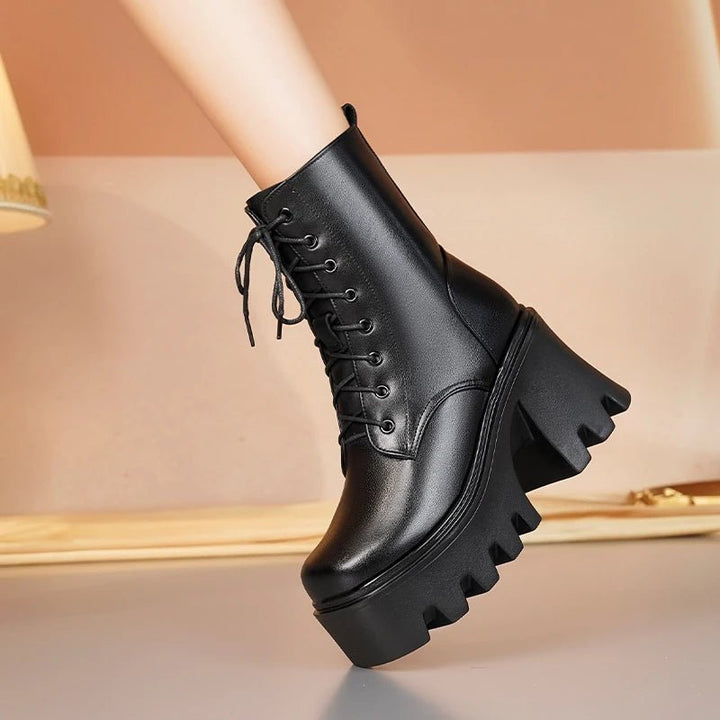 Genuine Leather High Heel Ankle Boots – Wool Lined Winter Biker Boots for Women - VeauBeauty