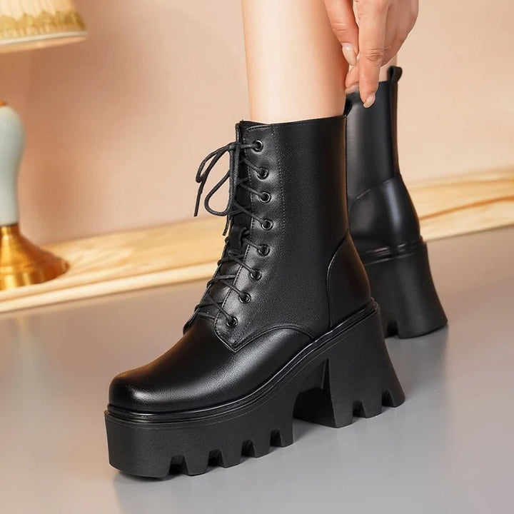 Genuine Leather High Heel Ankle Boots – Wool Lined Winter Biker Boots for Women - VeauBeauty