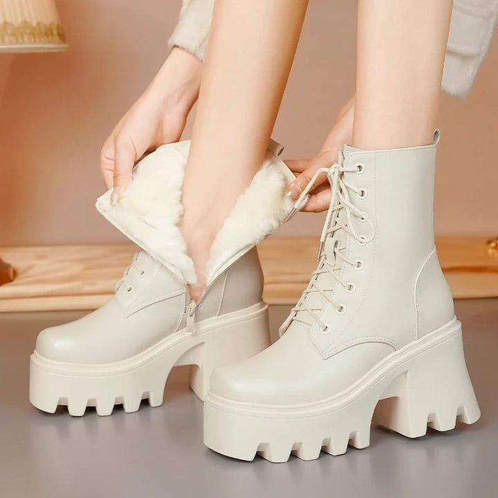 Genuine Leather High Heel Ankle Boots – Wool Lined Winter Biker Boots for Women - VeauBeauty